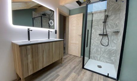 Meuble double vasque 120cm et douche a l'italienne avec robinetterie et paroi de douche noir mat