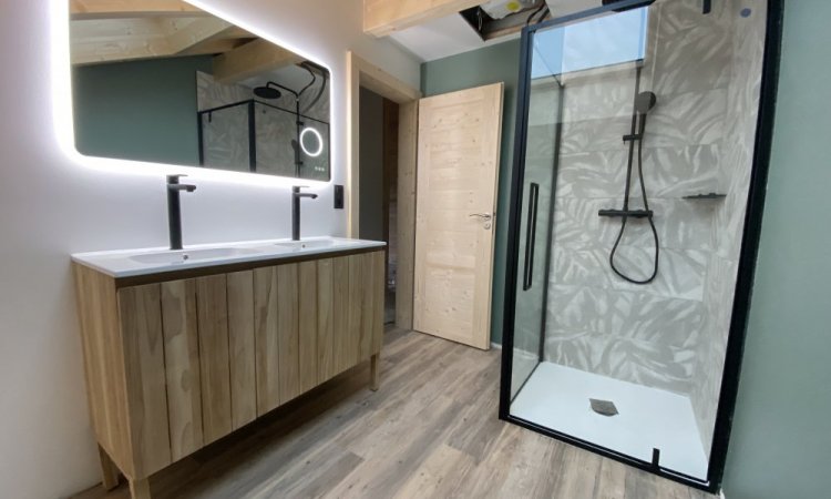 Meuble double vasque 120cm et douche a l'italienne avec robinetterie et paroi de douche noir mat